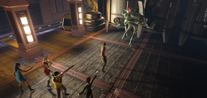 Odo, Kira, and my Star Trek Online bridge crew—who yes, are totally wearing the reboot movie uniforms, thank you for noticing—come face to face with one of the nefarious Hurq.